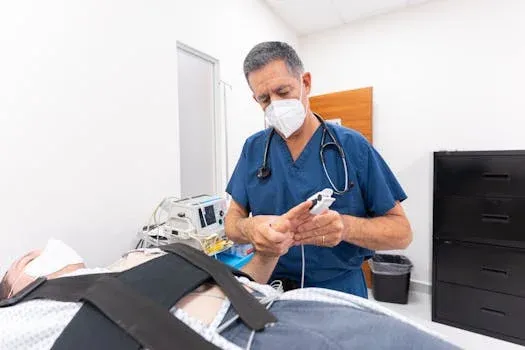 Aditi Menon, in scrubs and mask, examines a patient's hand with a pulse oximeter during a chronic pain assessment at Menon Regenerative Institute.