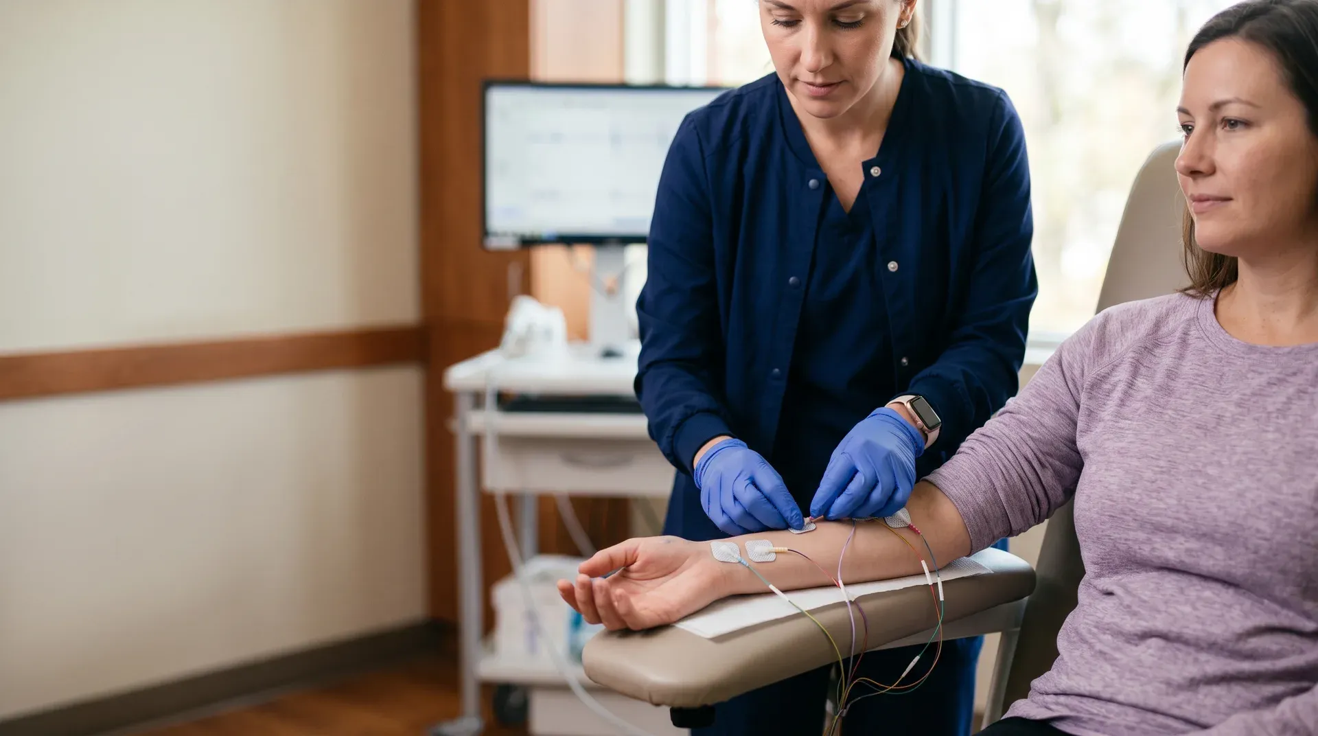 EMG electrodes being placed on a patient’s arm