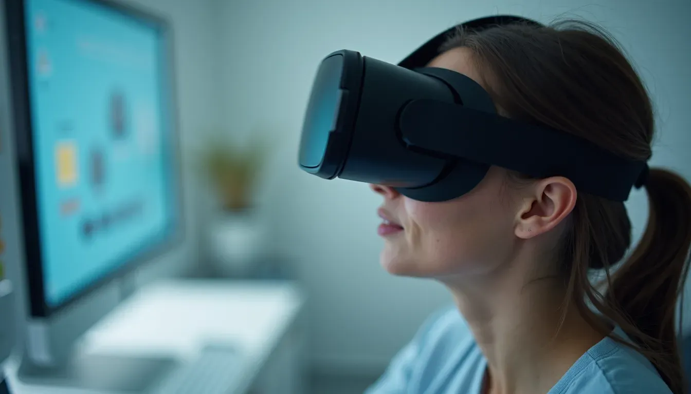 Eye-level view of a patient using virtual reality headset for pain relief