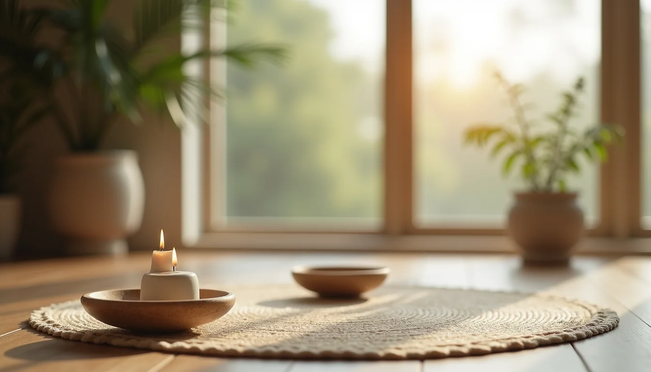 Close-up of a meditation space with calming elements
