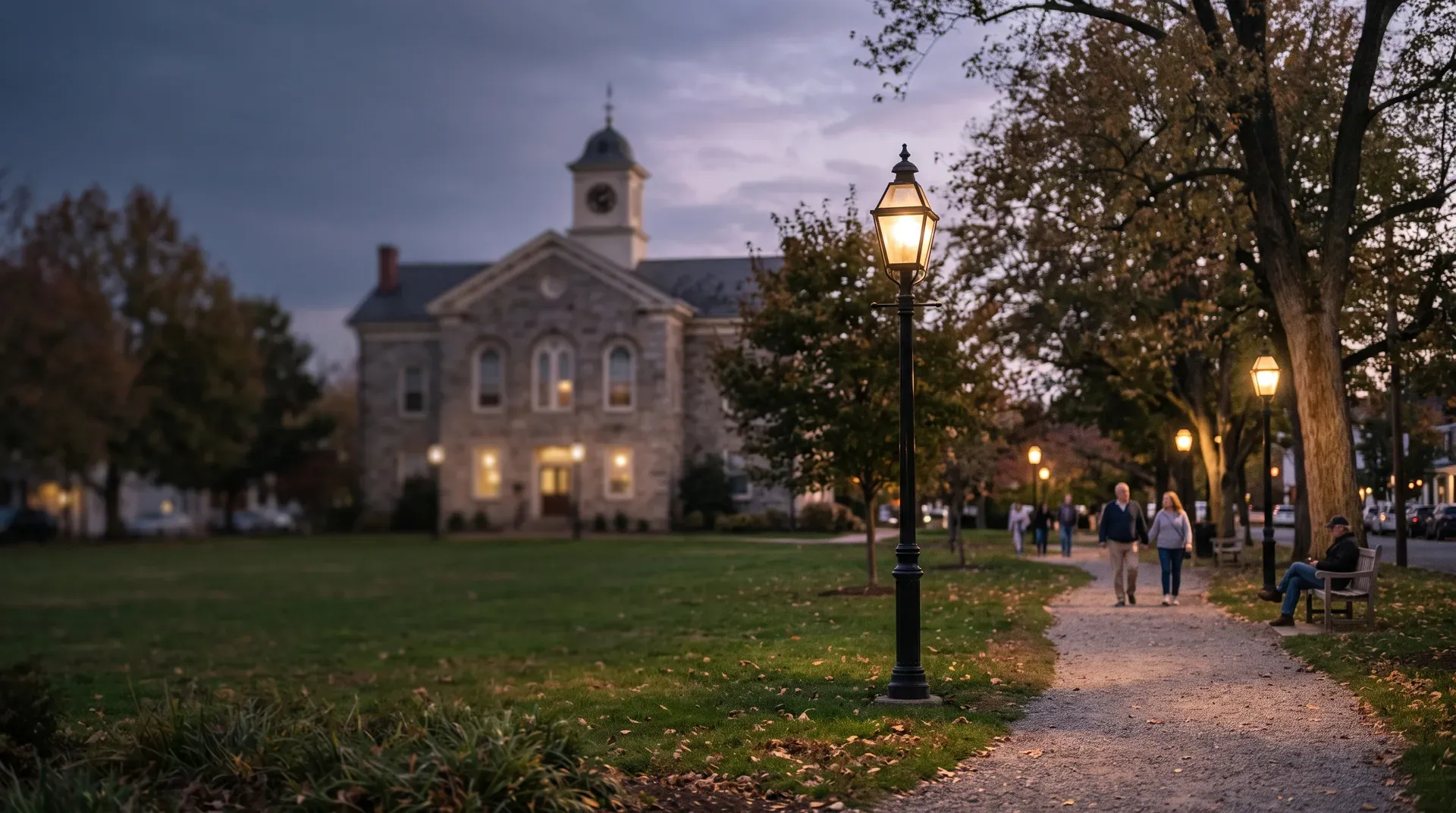 Village green at dusk with street lamps in South Orange, NJ