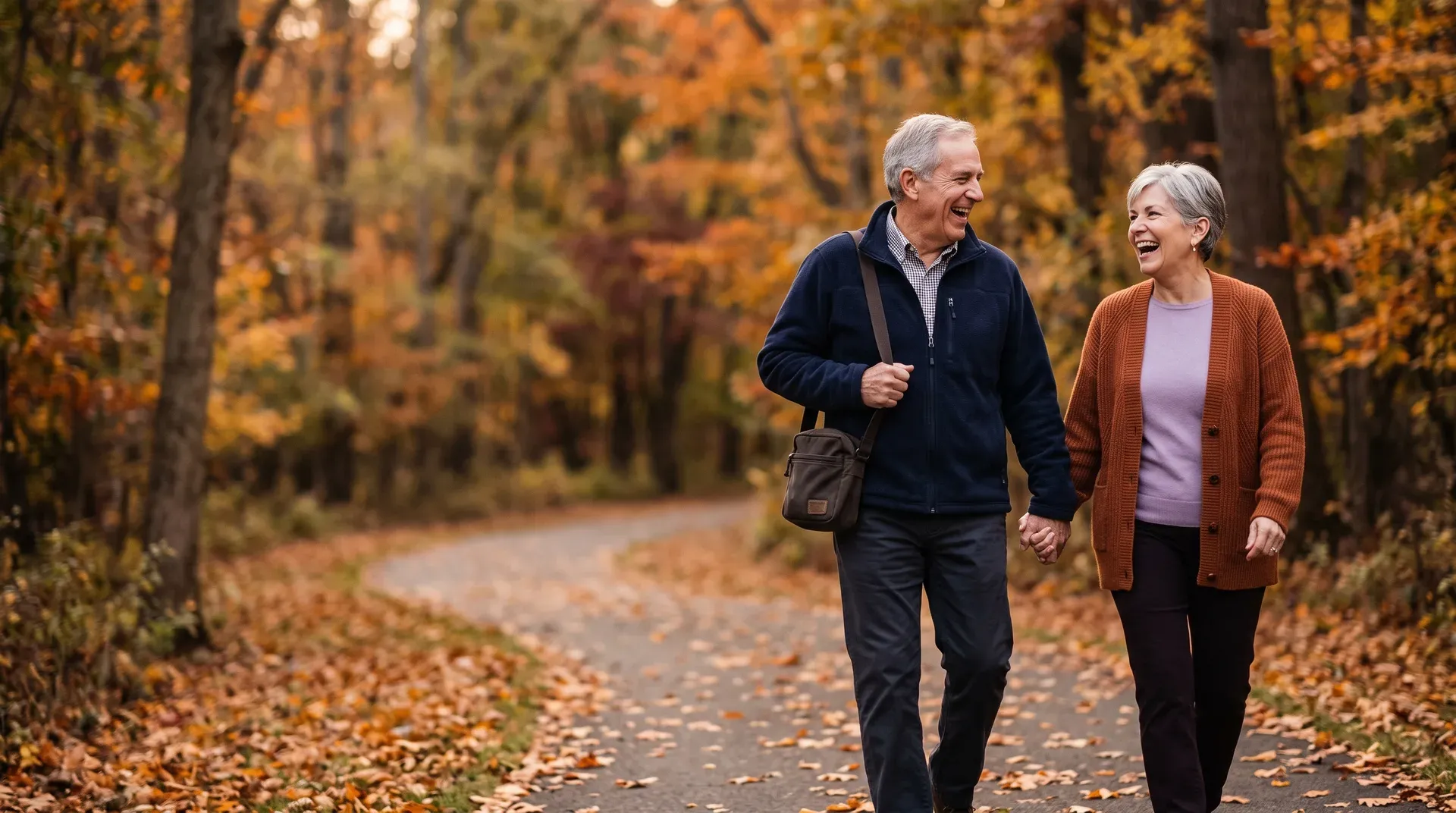 Happy senior couple walking together on an autumn park path
