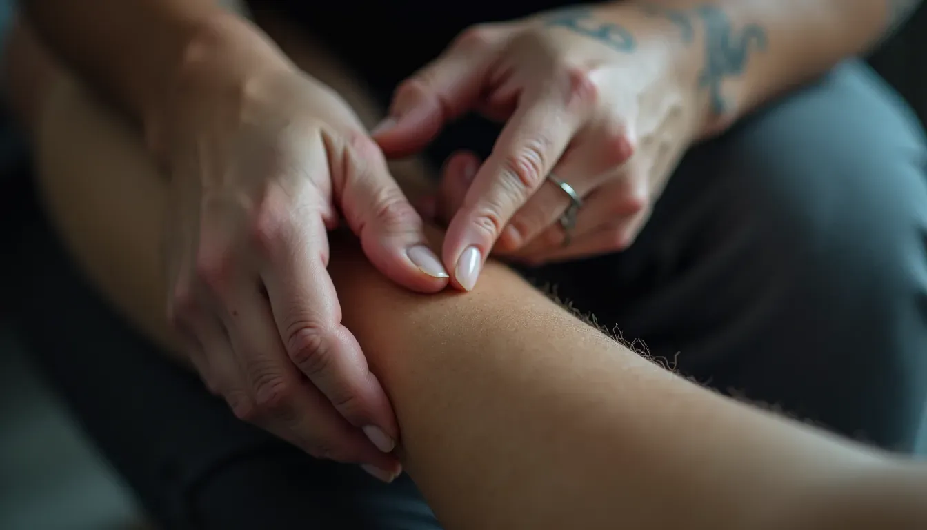 Close-up view of a professional applying treatment to a muscle knot