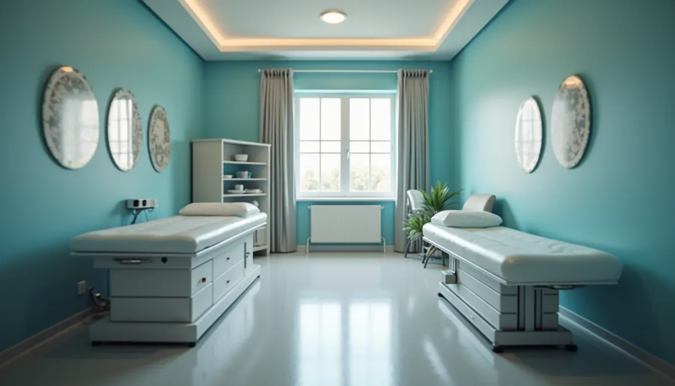 High angle view of a treatment room with equipment for muscle therapy